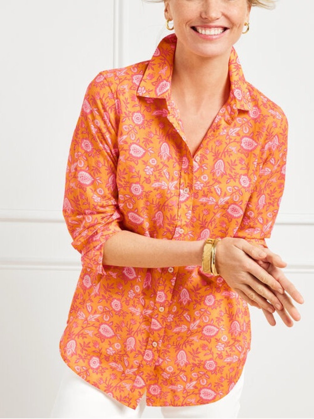 TALBOTS Lightweight Cotton Button Front Shirt Floral Pink Orange Marigold Size L